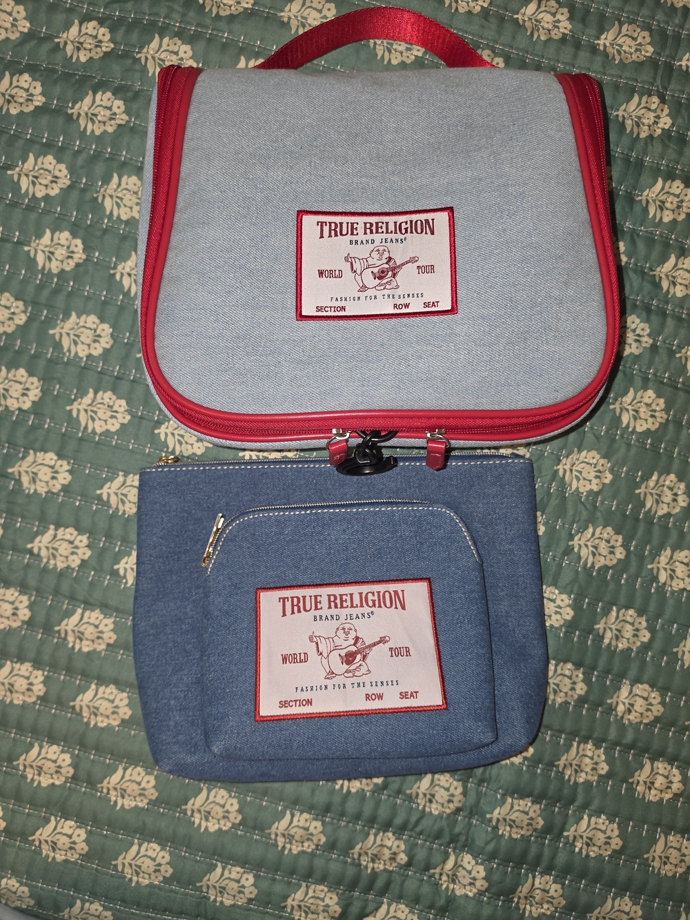 True Religion Men’s Light Blue and Denim Travel Bag Set with Red Trim